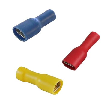 Fully-Insulated Crimp Terminals - Female / Push On Tabs blue, red and yellow on a white background
