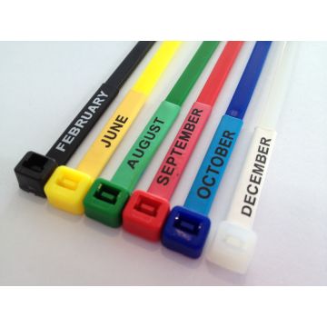 Easy push fit sleeves on cable ties showing months of the year in various colours